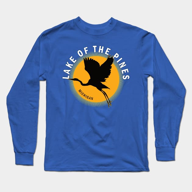 Lake of the Pines in Michigan Heron Sunrise Long Sleeve T-Shirt by BirdsEyeWorks